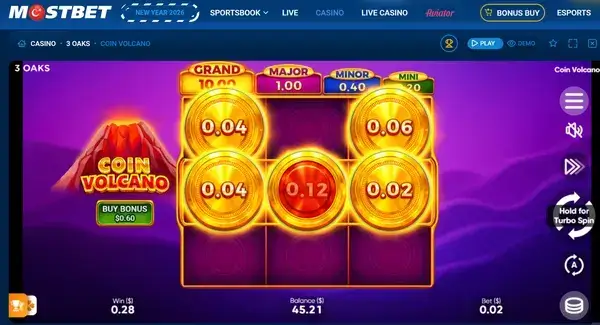 Coin Volcano main screen with the grid, balance, bet, and spin button
