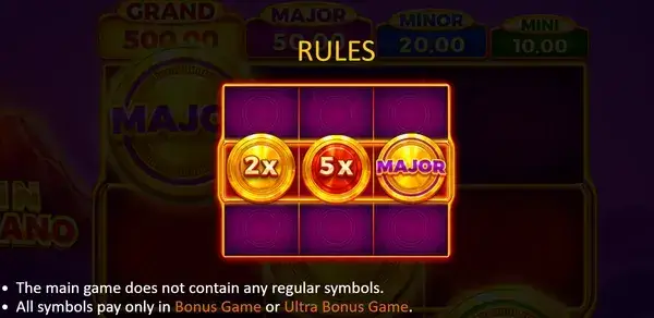 Coin Volcano rules screen with base game limits and bonus-only wins